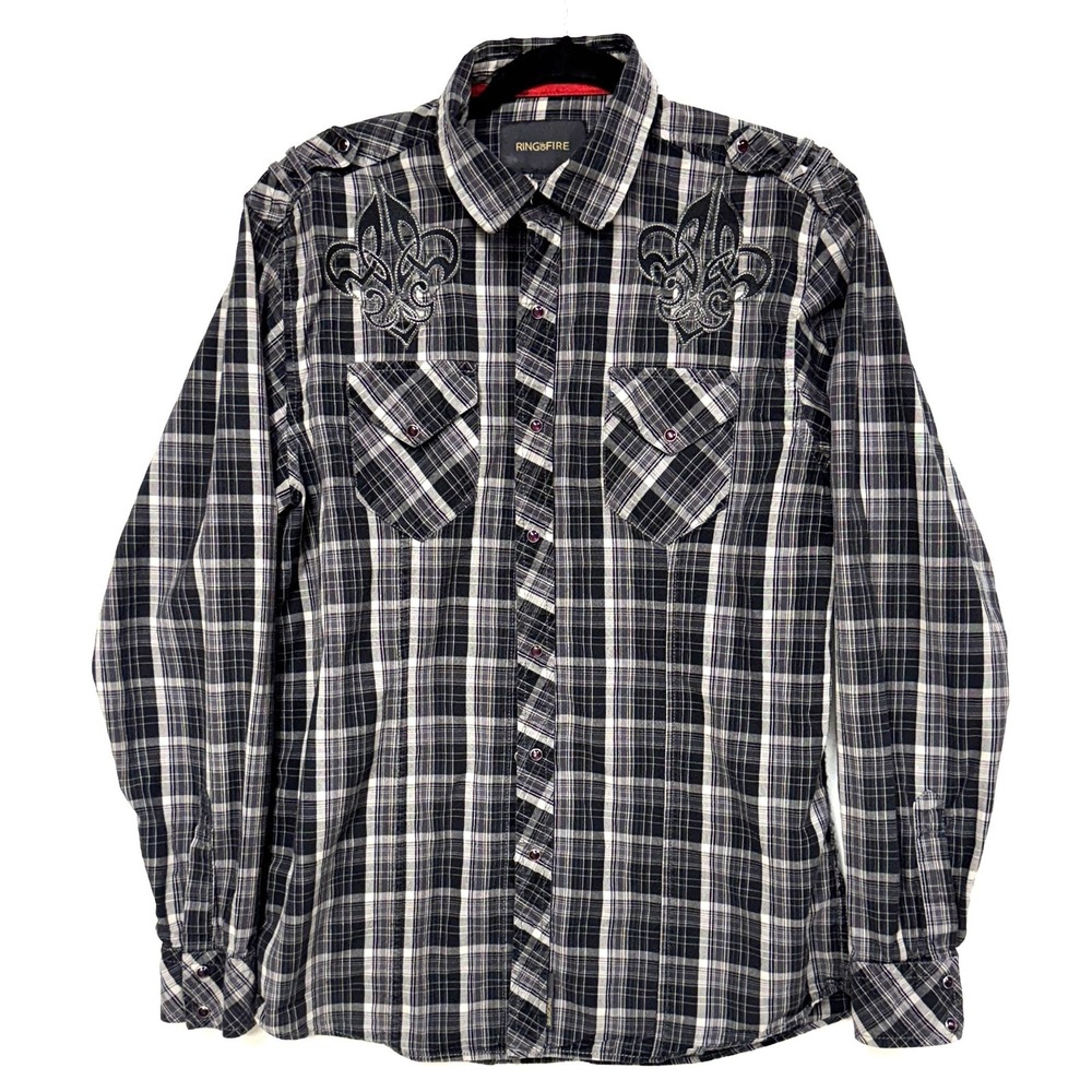 Ring Of Fire Women's Large, Black Plaid Western Snap Button Up Long Sleeve Shirt
